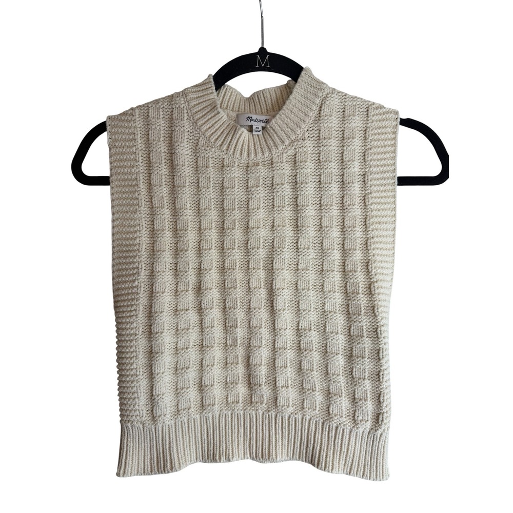 Madewell Womens Ivory Basketweave Cable Knit Sweater Vest Crew Neck XS Cream